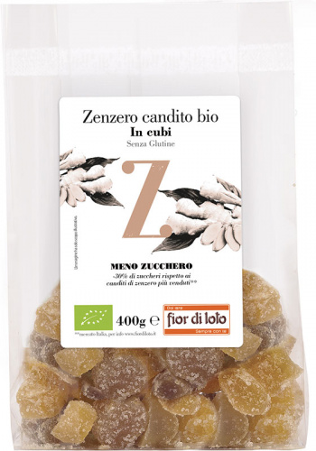 Zenzero candito a cubi a ridotto contenuto di zuccheri