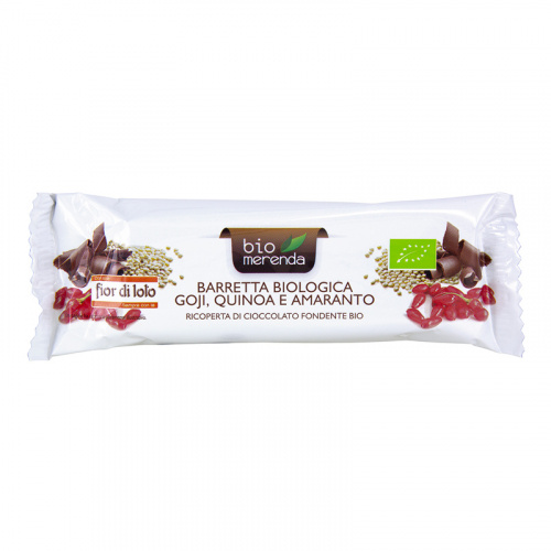 Barretta goji, quinoa e amaranto ricoperta di cioccolato fondente