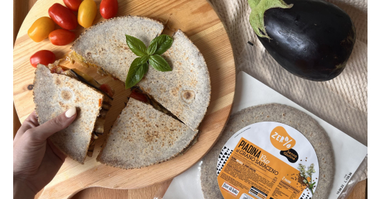 Piadina estiva con crema di cannellini, pomodorini e melanzane