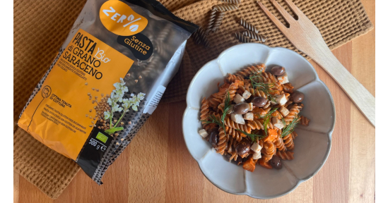 FUSILLI CREMOSI CON CREMA DI PEPERONE, PESCE SPADA E OLIVE TAGGIASCHE